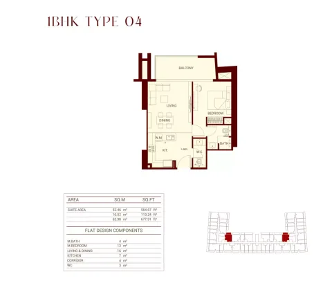 Floor plan, 1 Bed, 678 sq ft