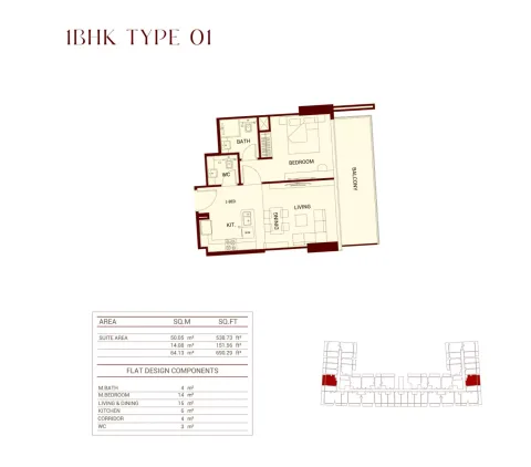 Floor plan, 1 Bed, 690 sq ft