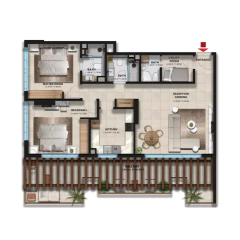 Floor plan, 2 Beds, 851 sq ft