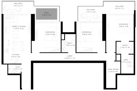Floor plan, 3 Beds, 1,492 sq ft