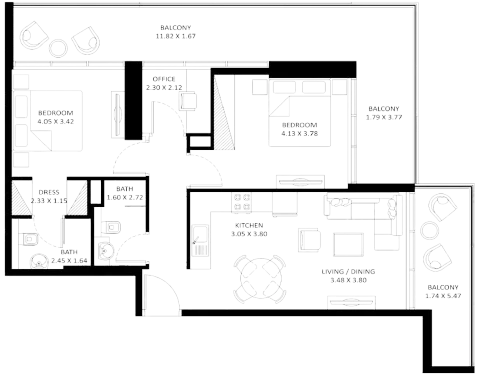 Floor plan, 2 Beds, 1,218 sq ft