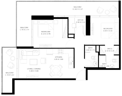 Floor plan, 2 Beds, 1,216 sq ft