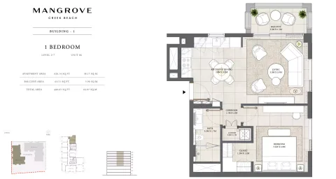 Floor plan, 1 Bed, 689 sq ft