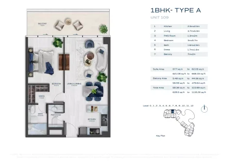 Floor plan, 1 Bed, 628 sq ft
