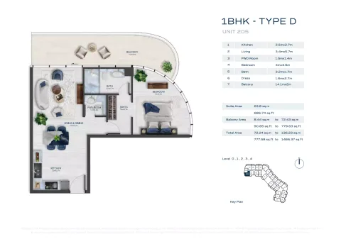 Floor plan, 1 Bed, 777 sq ft