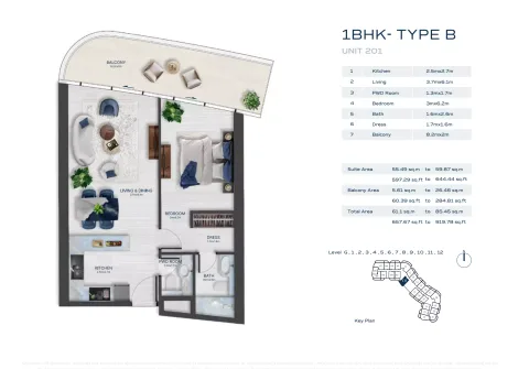 Floor plan, 1 Bed, 657 sq ft