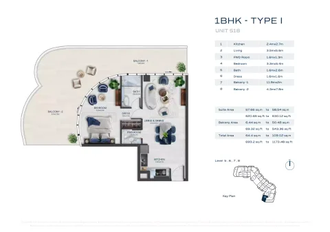 Floor plan, 1 Bed, 693 sq ft
