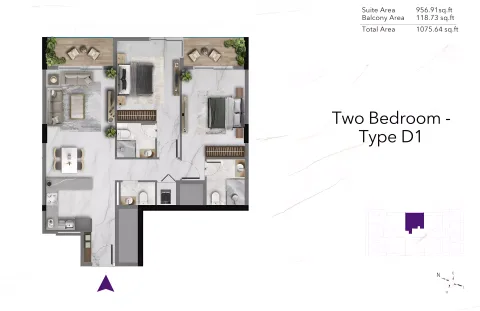 Floor plan, 2 Beds, 1,076 sq ft