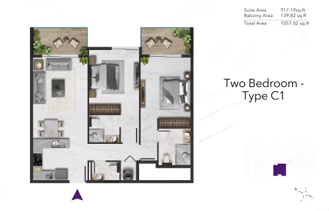 Floor plan, 2 Beds, 1,057 sq ft