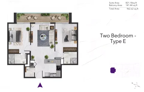 Floor plan, 2 Beds, 963 sq ft