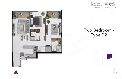 Floor plan, 2 Beds, 1,098 sq ft