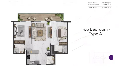 Floor plan, 2 Beds, 974 sq ft