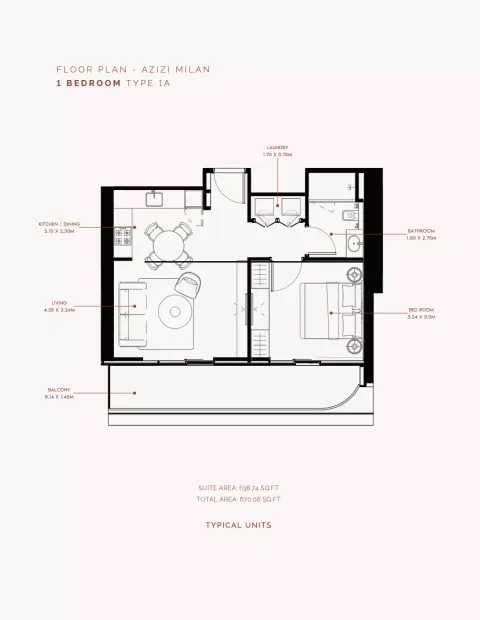 Floor plan, 1 Bed, 670 sq ft