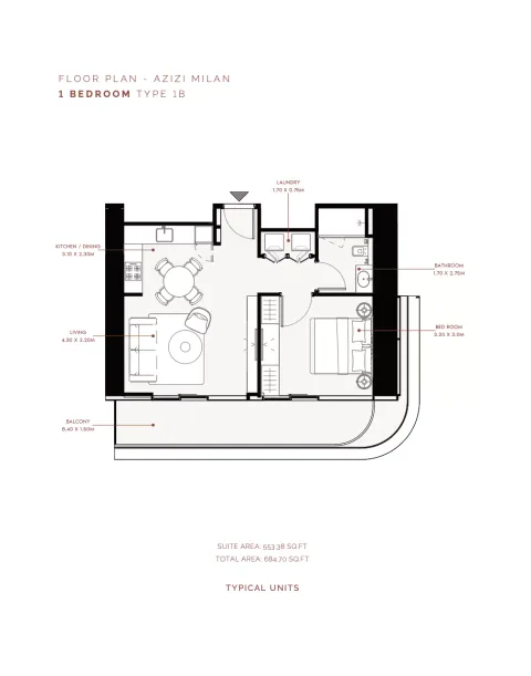 Floor plan, 1 Bed, 684 sq ft