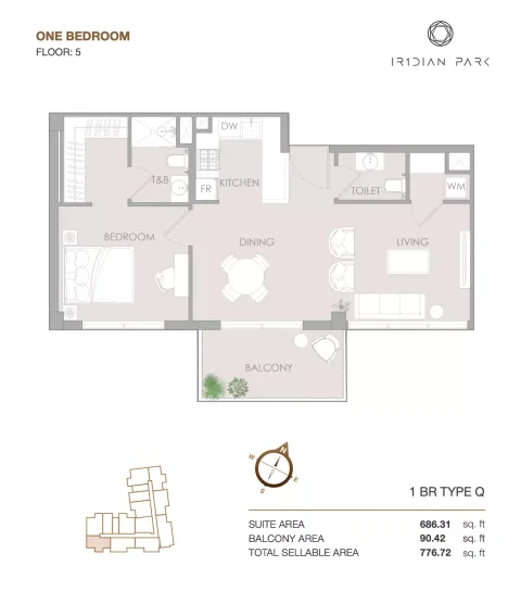 Floor plan, 1 Bed, 812 sq ft