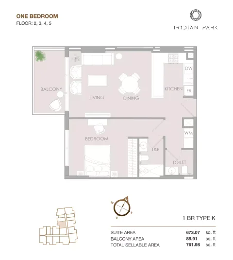 Floor plan, 1 Bed, 761 sq ft