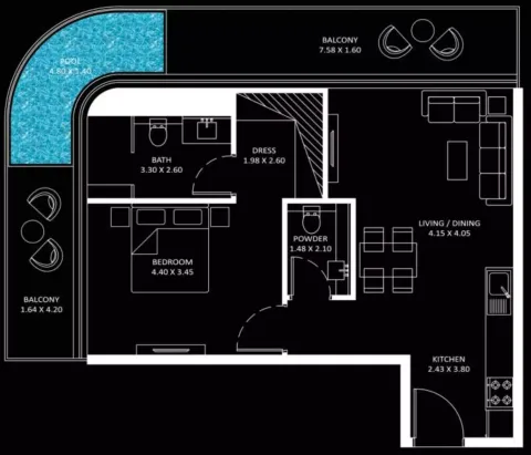 Floor plan, 1 Bed, 941 sq ft