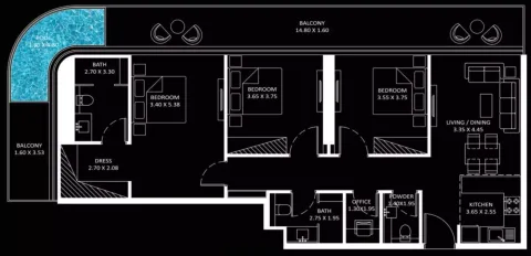 Floor plan, 3 Beds, 1,116 sq ft
