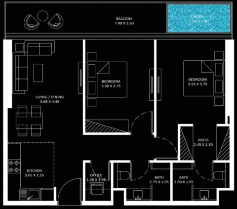 Floor plan, 2 Beds, 964 sq ft