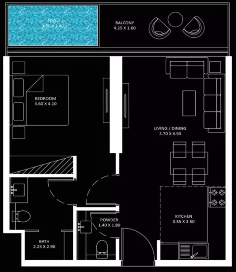 Floor plan, 1 Bed, 670 sq ft