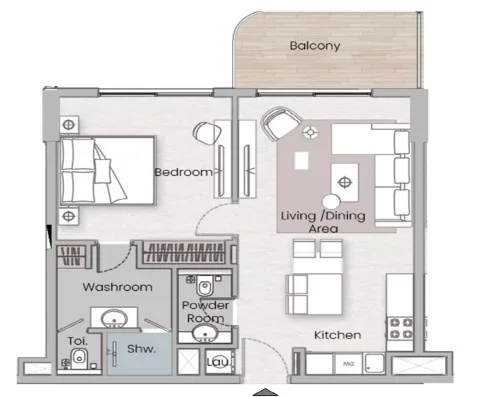 Floor plan, 1 Bed, 709 sq ft