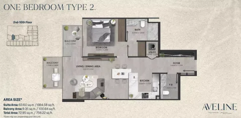 Floor plan, 1 Bed, 758 sq ft