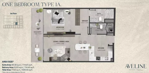 Floor plan, 1 Bed, 829 sq ft