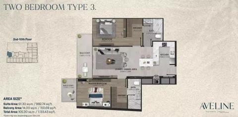 Floor plan, 2 Beds, 1,133 sq ft