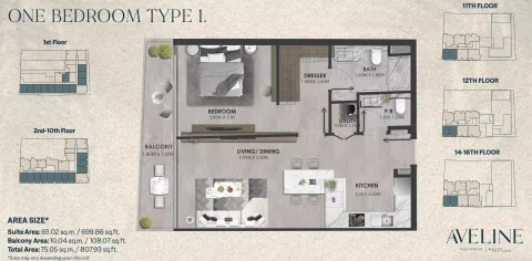 Floor plan, 1 Bed, 807 sq ft