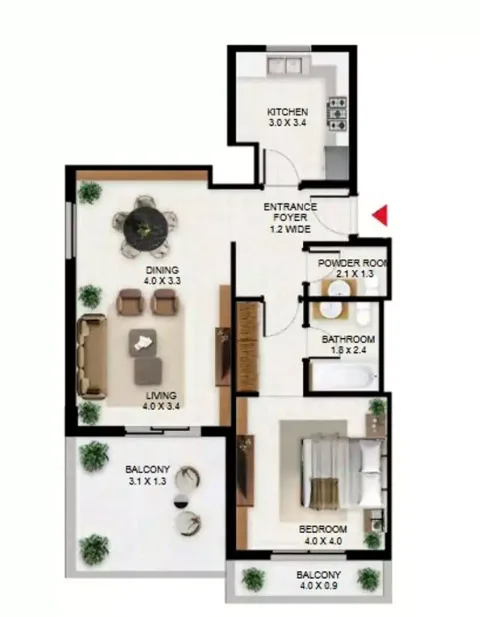 Floor plan, 1 Bed, 1,074 sq ft
