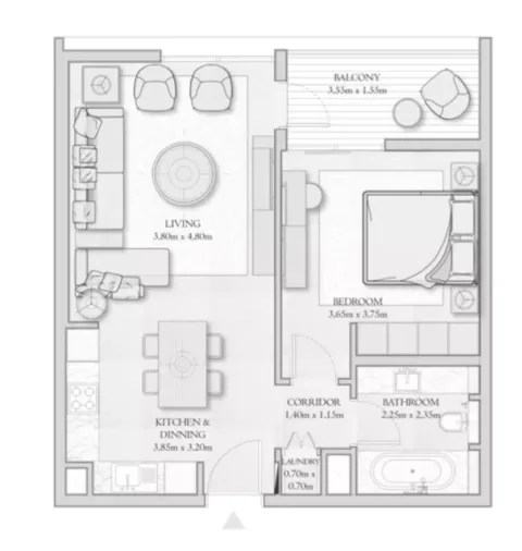 Floor plan, 1 Bed, 705 sq ft