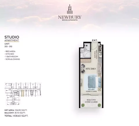 Floor plan, Studio, 408 sq ft