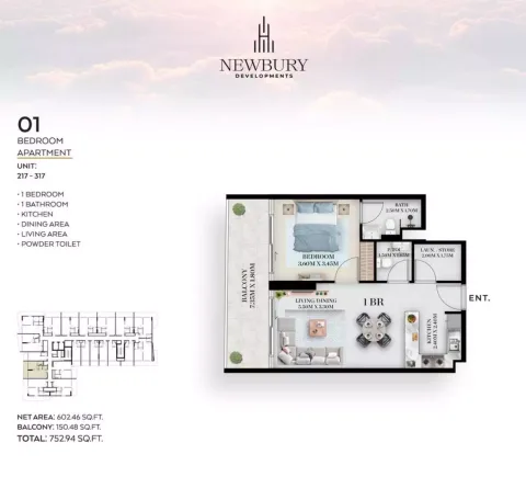 Floor plan, 1 Bed, 752 sq ft