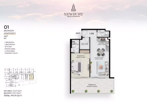Floor plan, 1 Bed, 993 sq ft