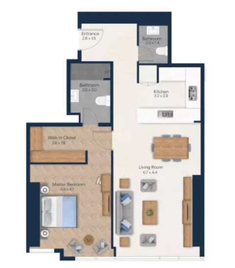 Floor plan, 1 Bed, 968 sq ft