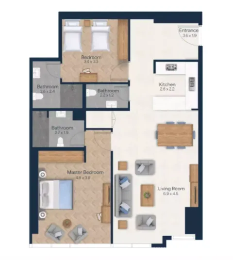Floor plan, 1 Bed, 968 sq ft