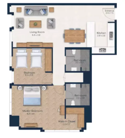 Floor plan, 2 Beds, 1,039 sq ft