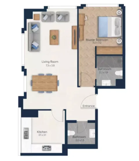 Floor plan, 1 Bed, 741 sq ft