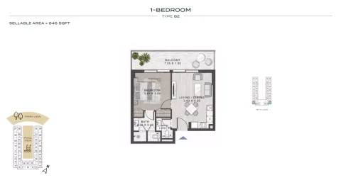 Floor plan, 1 Bed, 646 sq ft