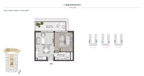 Floor plan, 1 Bed, 525 sq ft