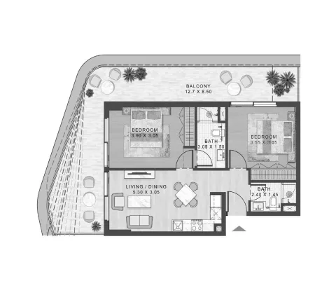Floor plan, 2 Beds, 987 sq ft