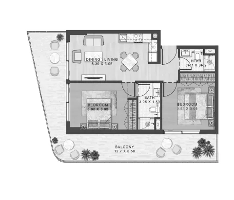 Floor plan, 2 Beds, 1,039 sq ft