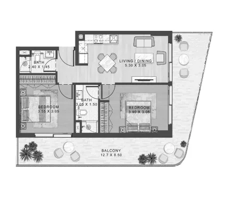 Floor plan, 2 Beds, 1,047 sq ft