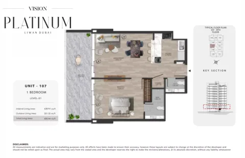 Floor plan, 1 Bed, 830 sq ft