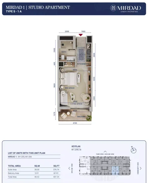 Floor plan, Studio, 437 sq ft