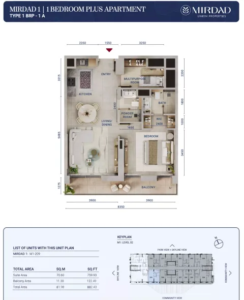 Floor plan, 1 Bed, 882 sq ft