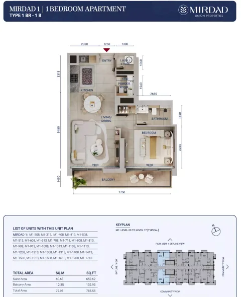 Floor plan, 1 Bed, 785 sq ft