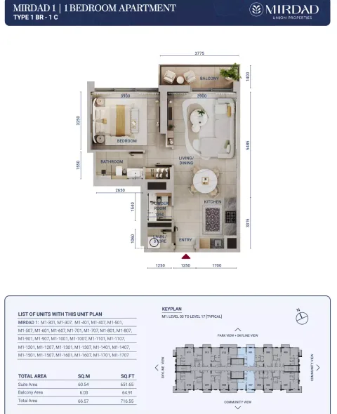 Floor plan, 1 Bed, 716 sq ft