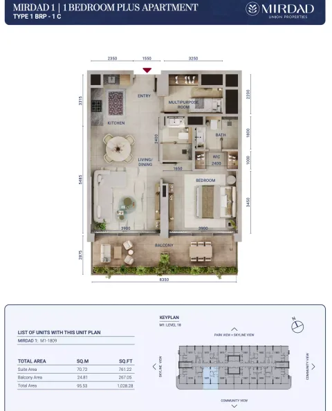 Floor plan, 1 Bed, 1,028 sq ft