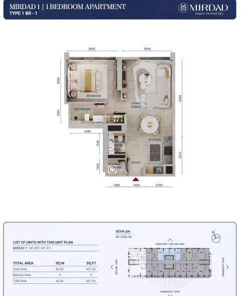 Floor plan, 1 Bed, 651 sq ft